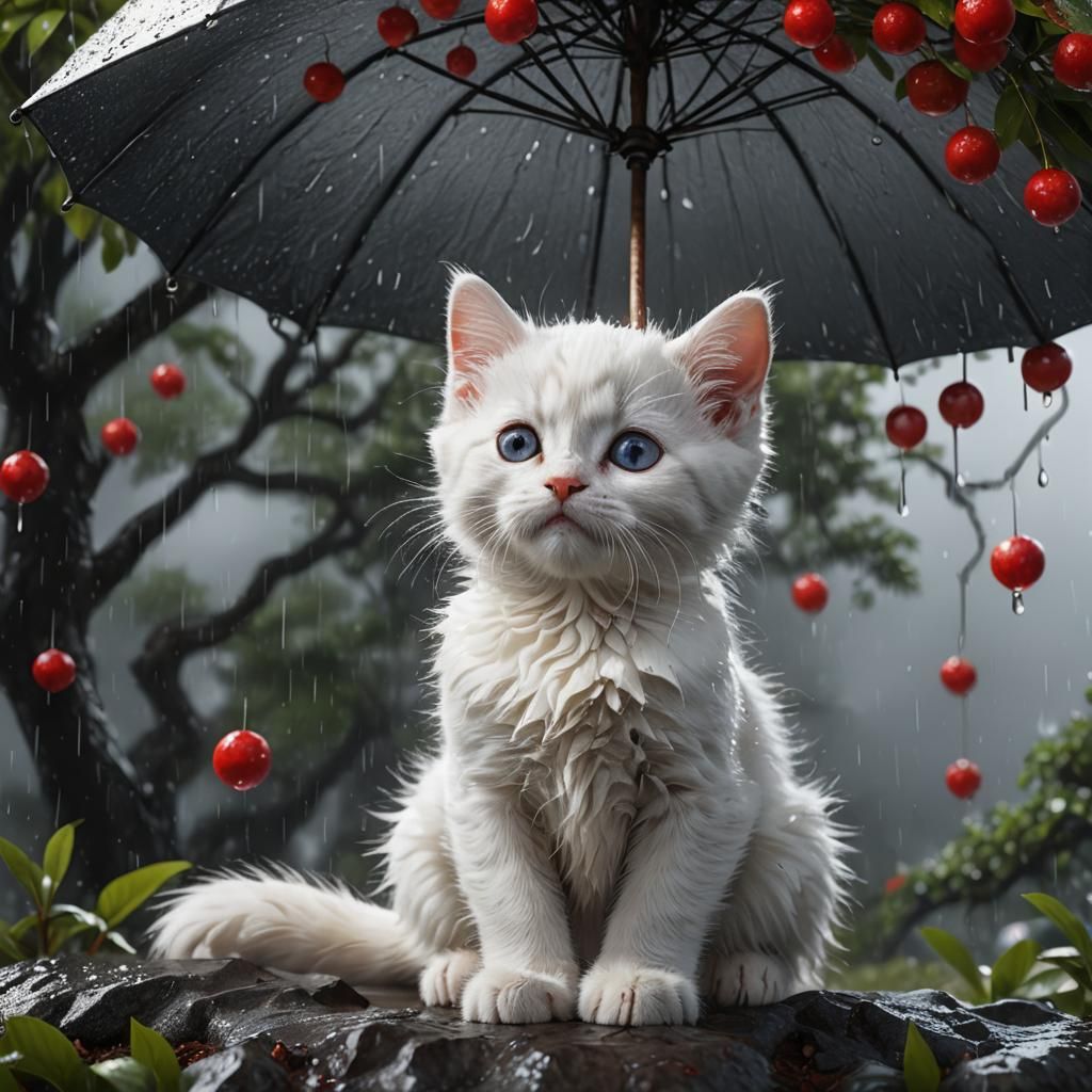 Fluffy Kitten Seeks Shelter Under Umbrella Tree