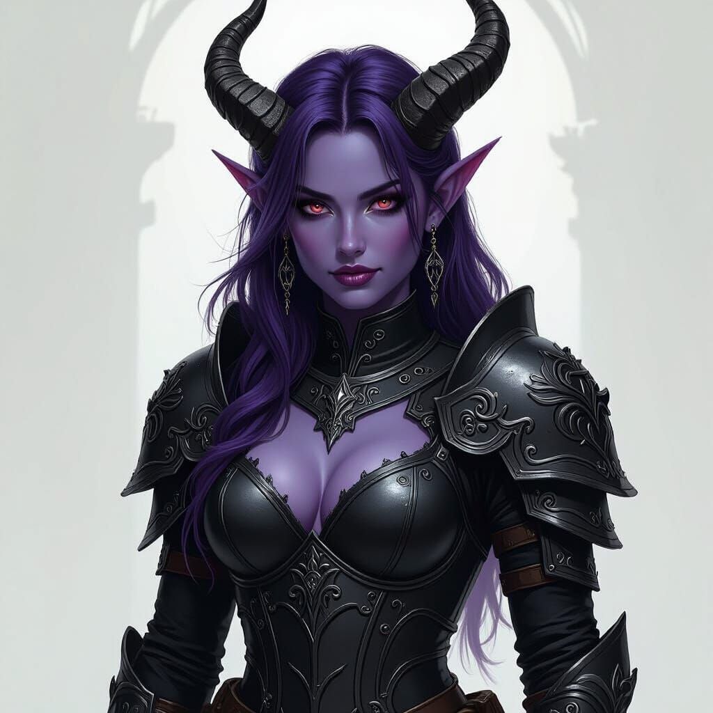 Purple Tiefling Fighter in Engraved Armor