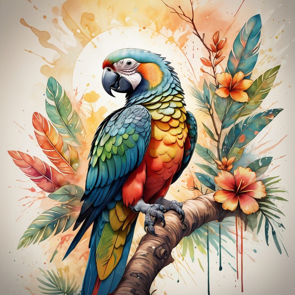 Neo-Traditional Parrot Illustration with Watercolor Splatter