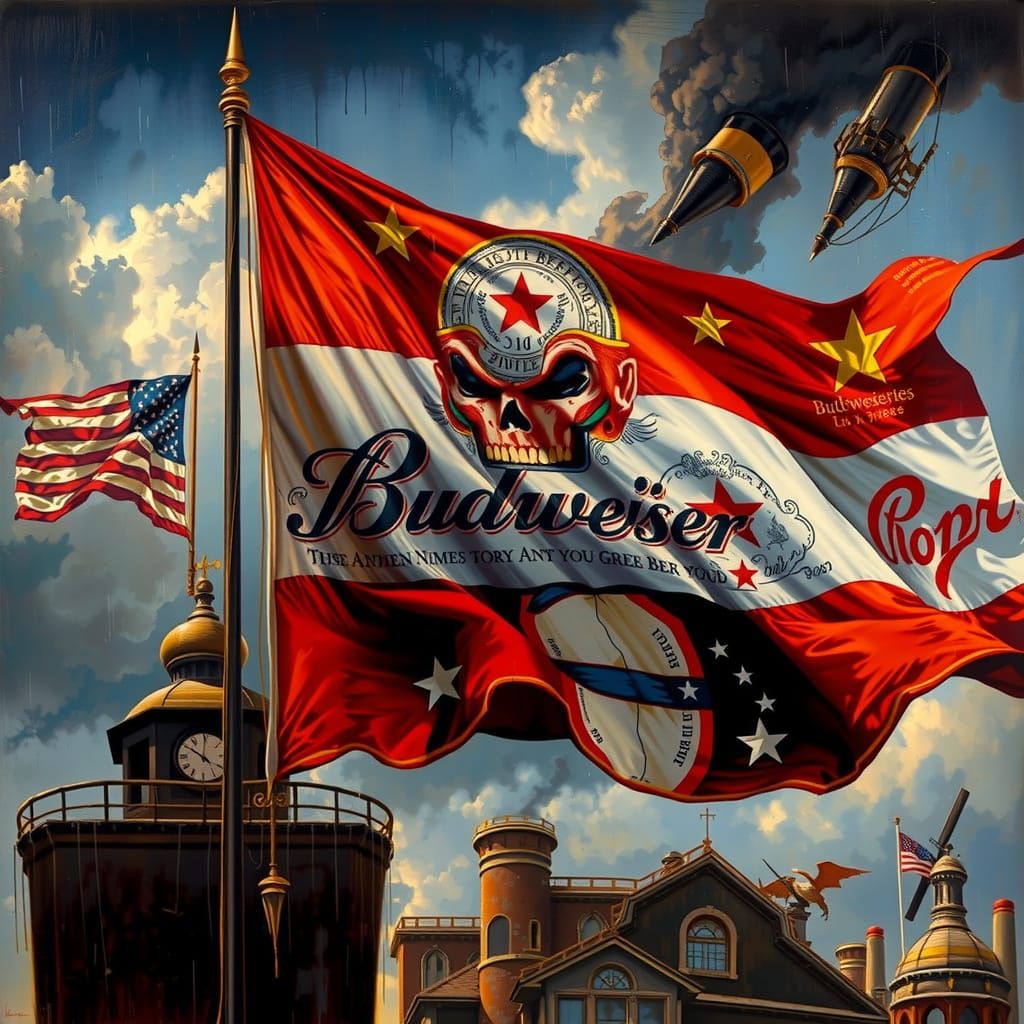 Ominous Budweiser Flag in Sinister Propaganda Style