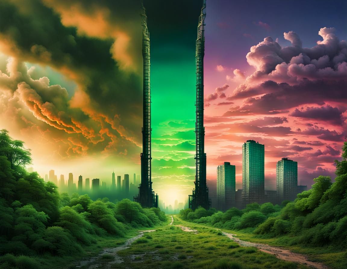 Surreal Forest to Cityscape Gradient Under Wild Sky