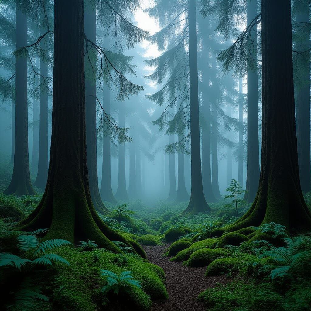 Mystical Foggy Forest with Ancient Pines