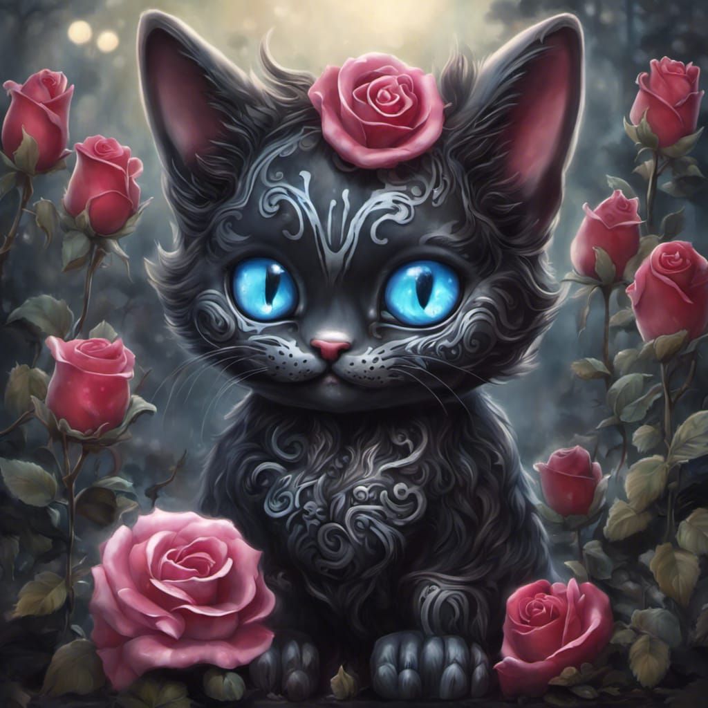 Gothic Black Cat in Vibrant Rose Garden