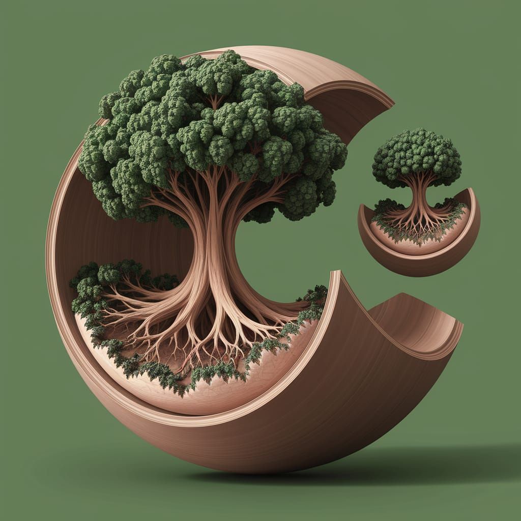 Fractal Tree World Inside Wooden Sphere