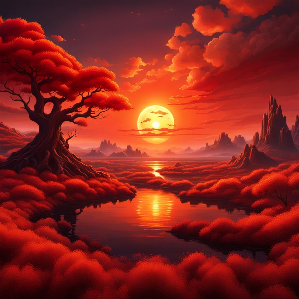 Peaceful Sunset: Detailed Matte Painting in Deep Color