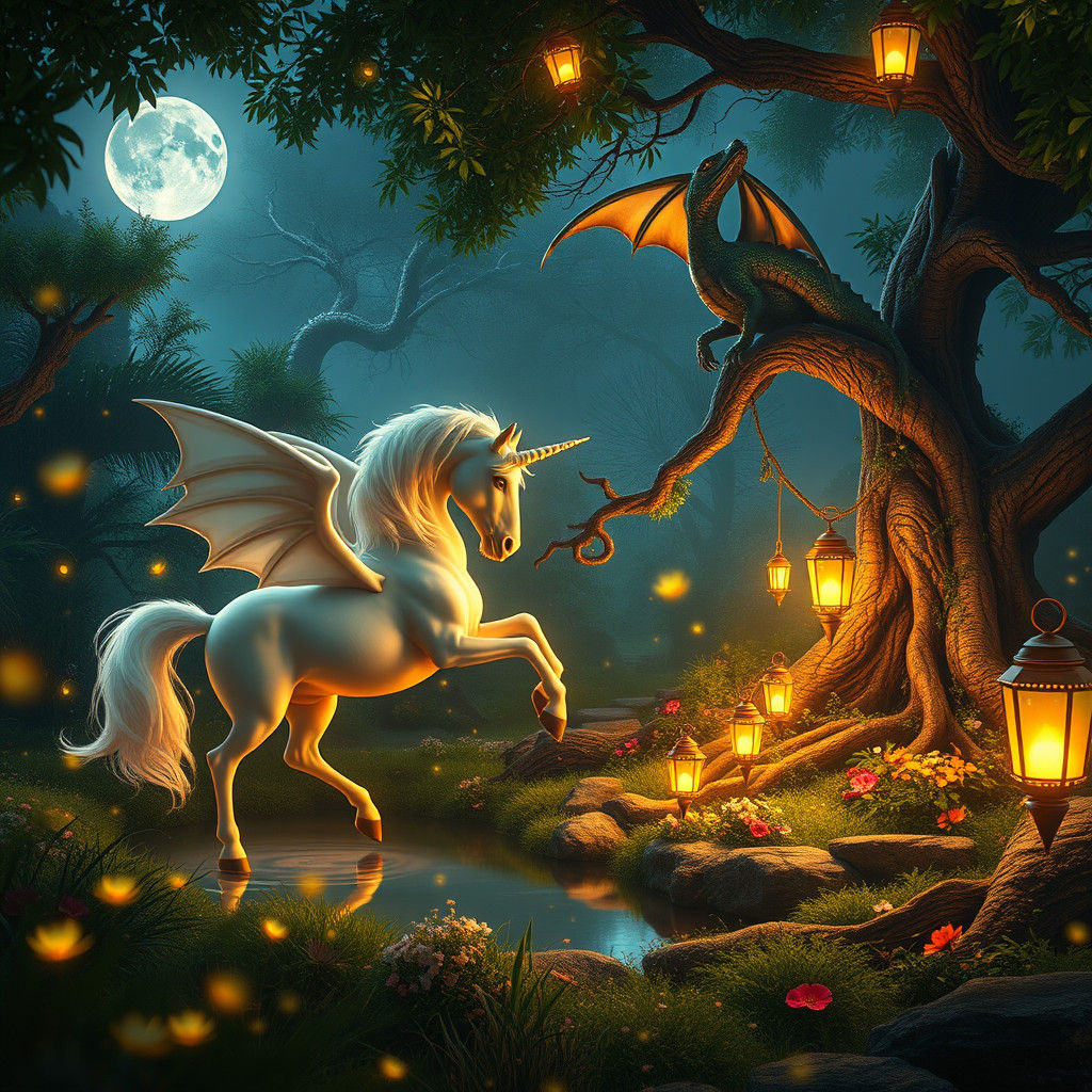 Mystical Garden with Mythical Creatures: Fantasy Concept Art