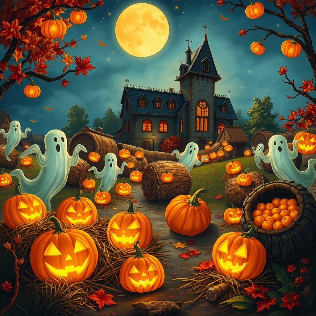 Ethereal Harvest Festival with Ghosts at Dusk