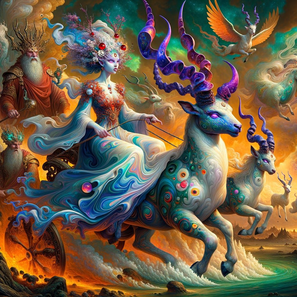 Fantasy Satyr Driving Flaming Chariot Through Underworld