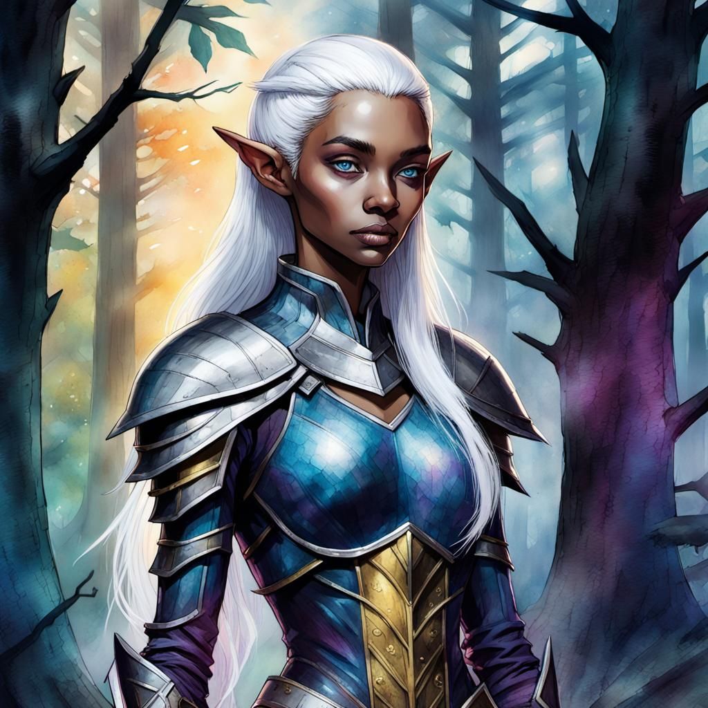 Elf Warrior in Mystical Forest, Glitch Art Style