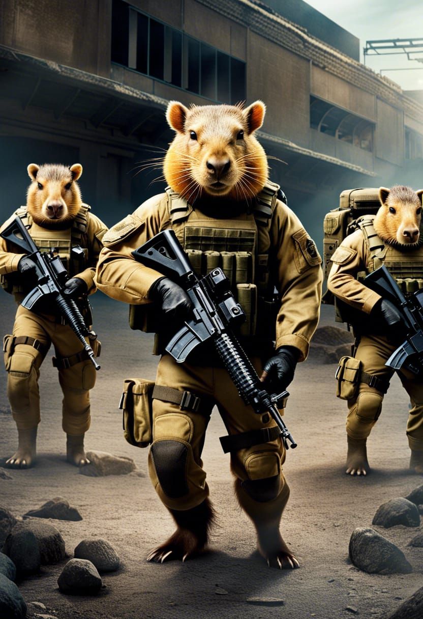 Hyperrealistic Capybara Seal Team Six in Battle