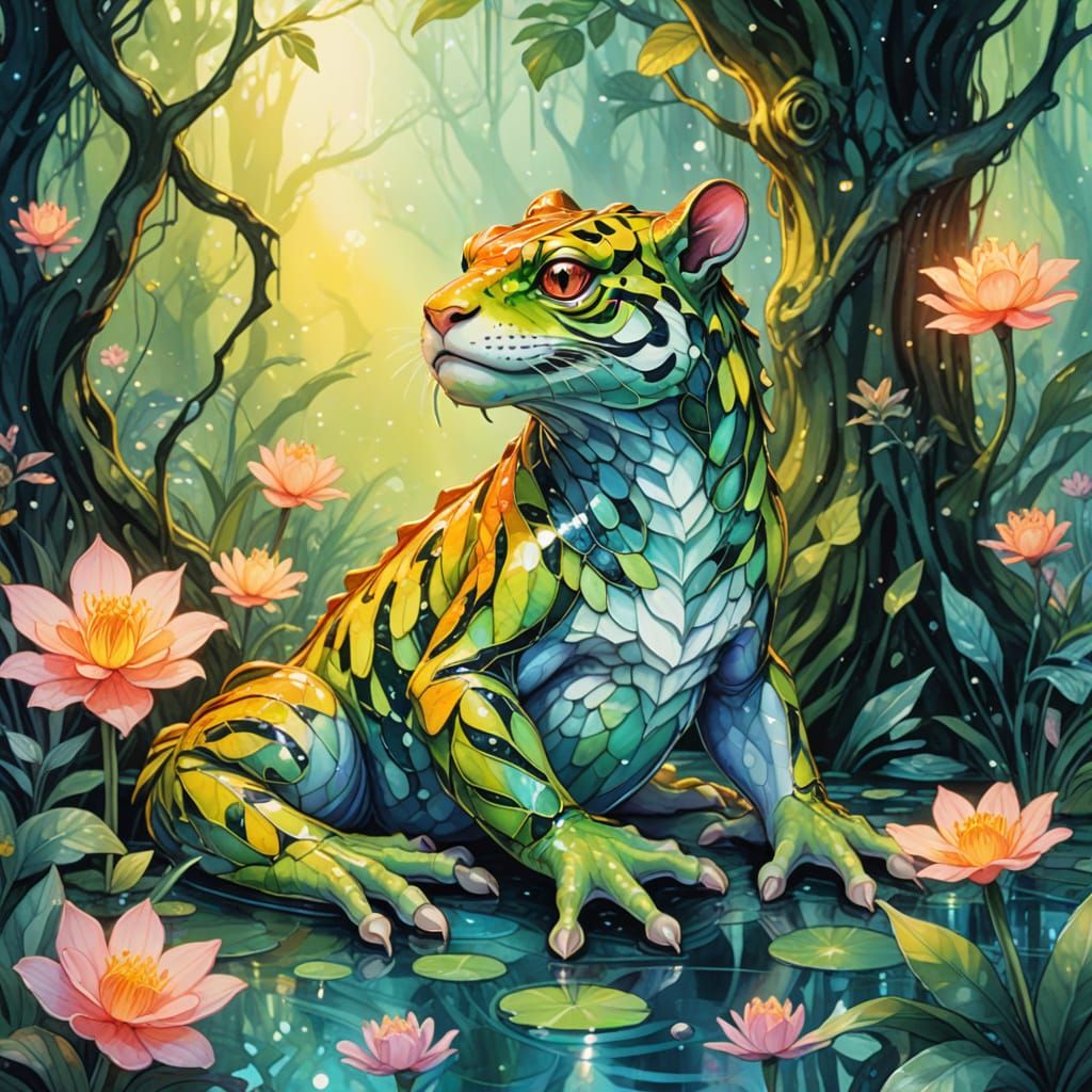 Magical Frog-Tiger Chimera in Watercolor Storybook Style