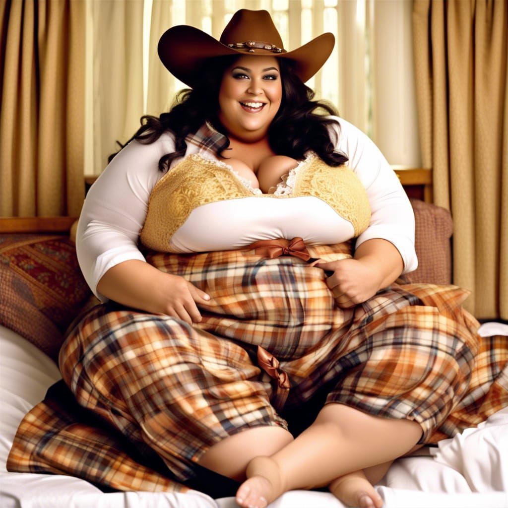 Obese Western Cowgirl in Elaborate Kitchen