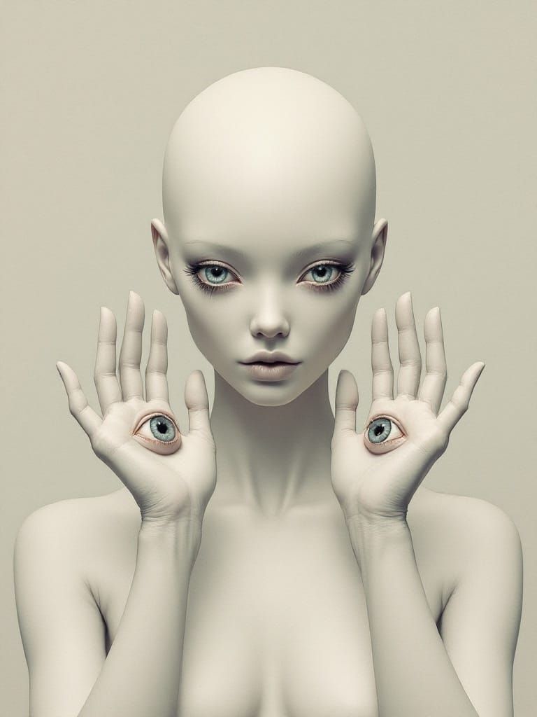 Eerie Humanoid Figure with Eyes in Palms