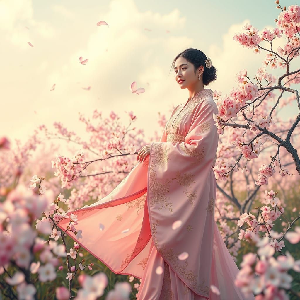 Elegant Woman in Pastel Pink Kimono Amidst Cherry Blossoms