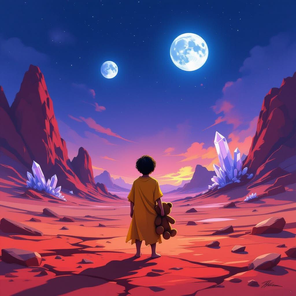 Boy With Teddy Bear on Alien Planet