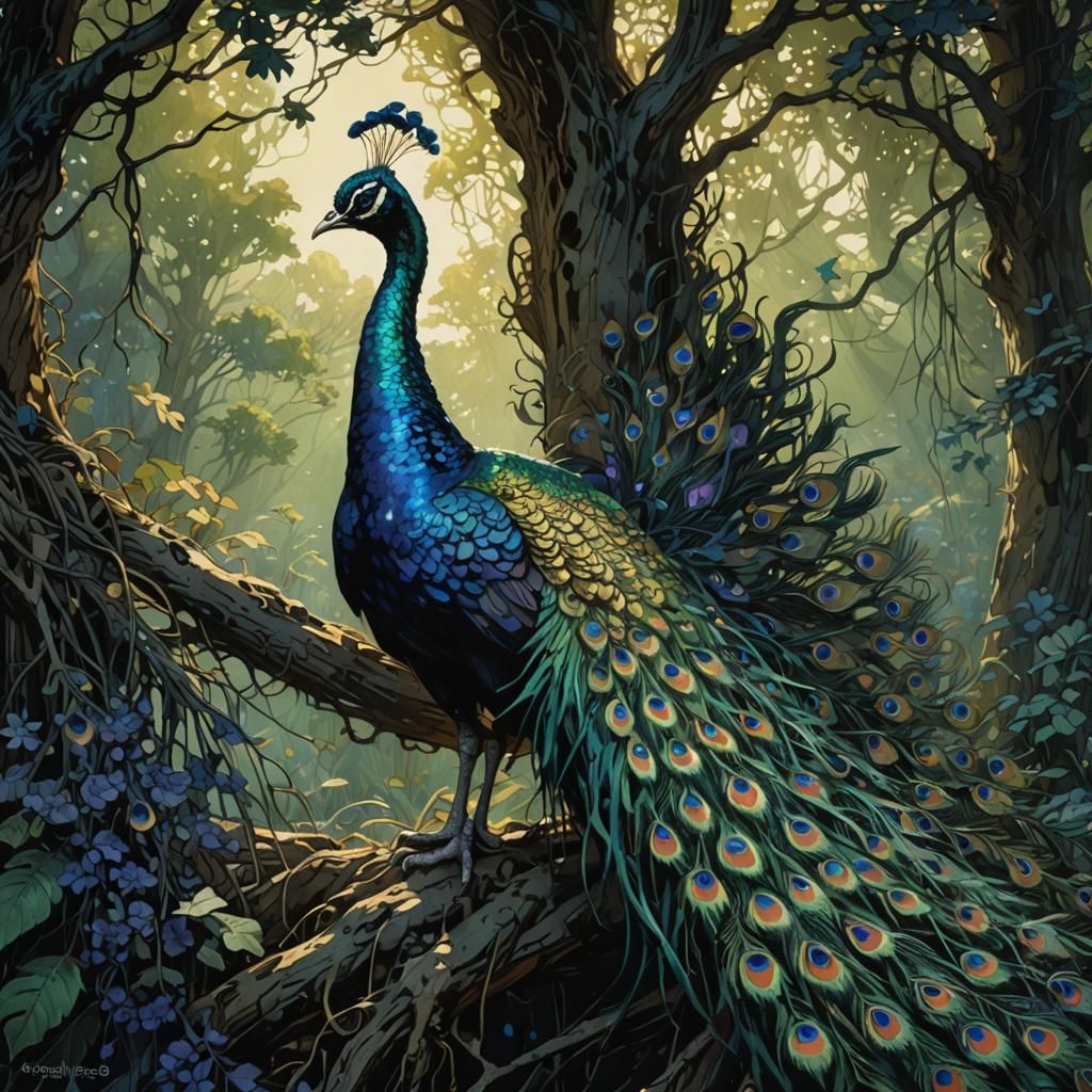 Iridescent Peacock in Golden Age Illustration Style