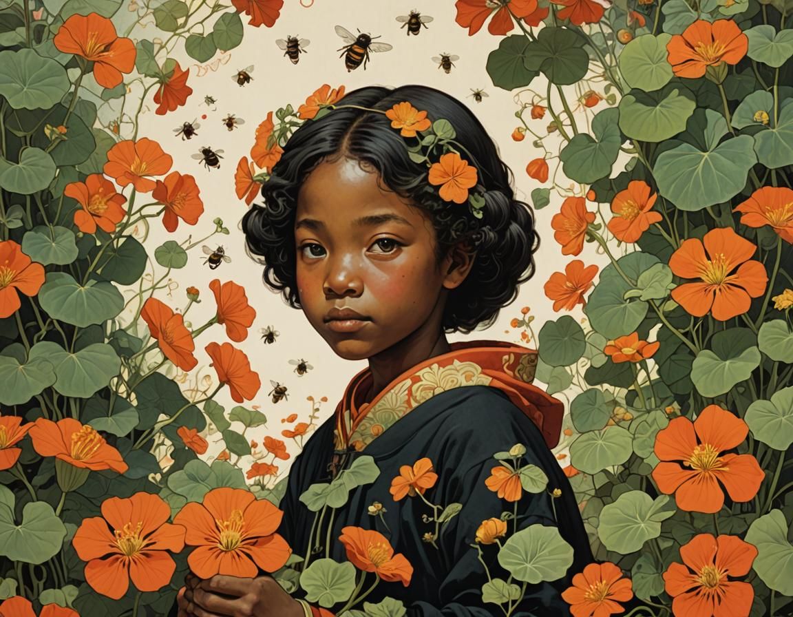 Child with Nasturtiums in Ukiyo-e Style