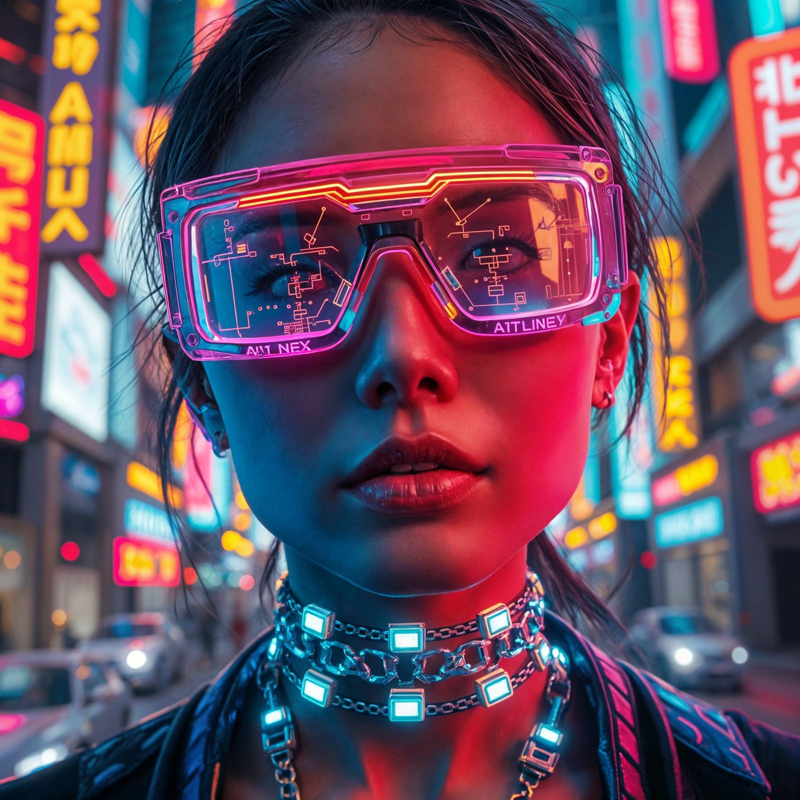 Filipina Cyberpunk Woman in Neon City Reflection