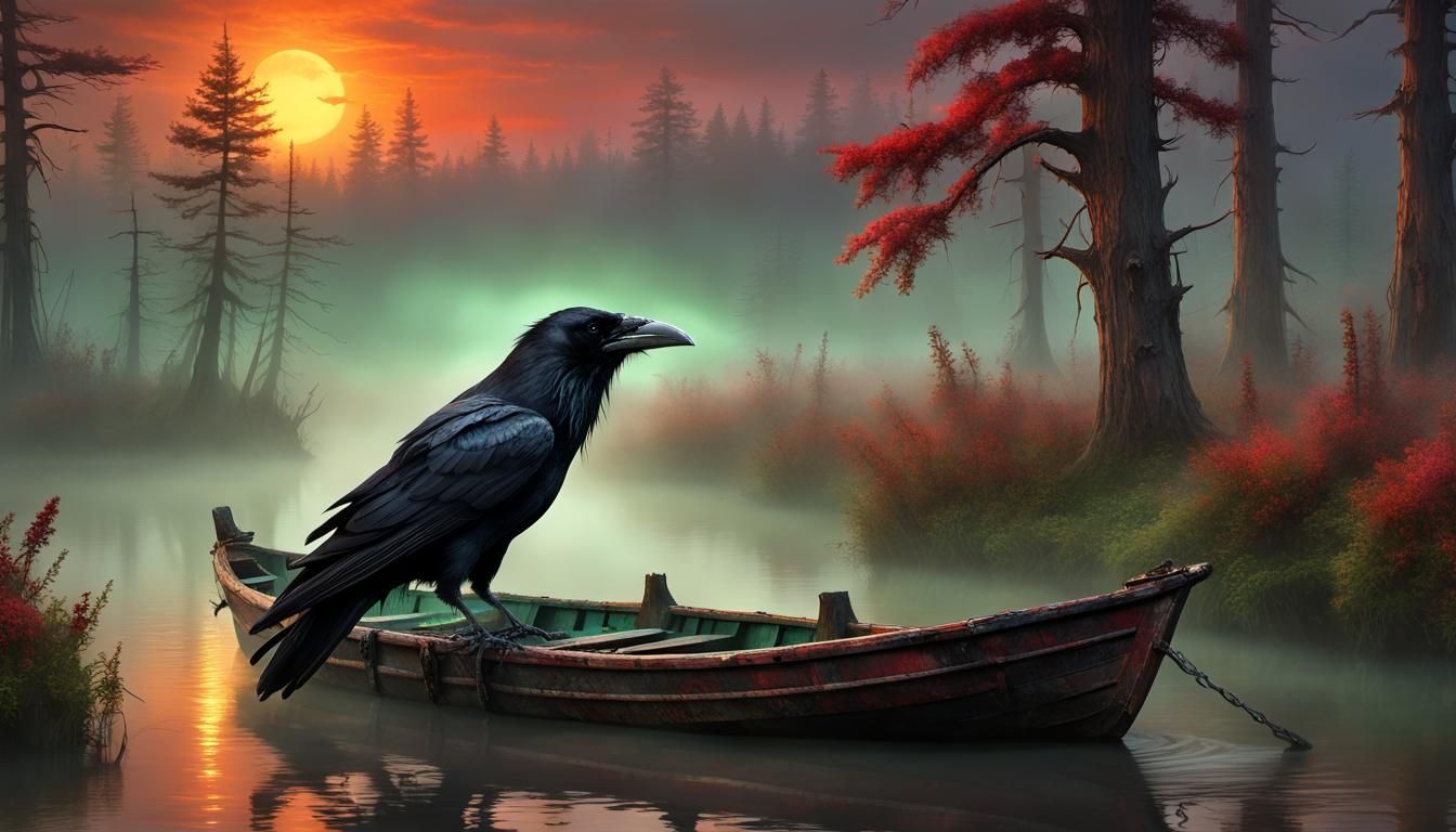 Surreal Raven Navigates Mysterious Swampy River in Gothic Ar...