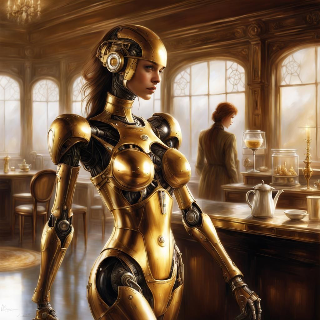 Golden Robot Butler Serves Coffee