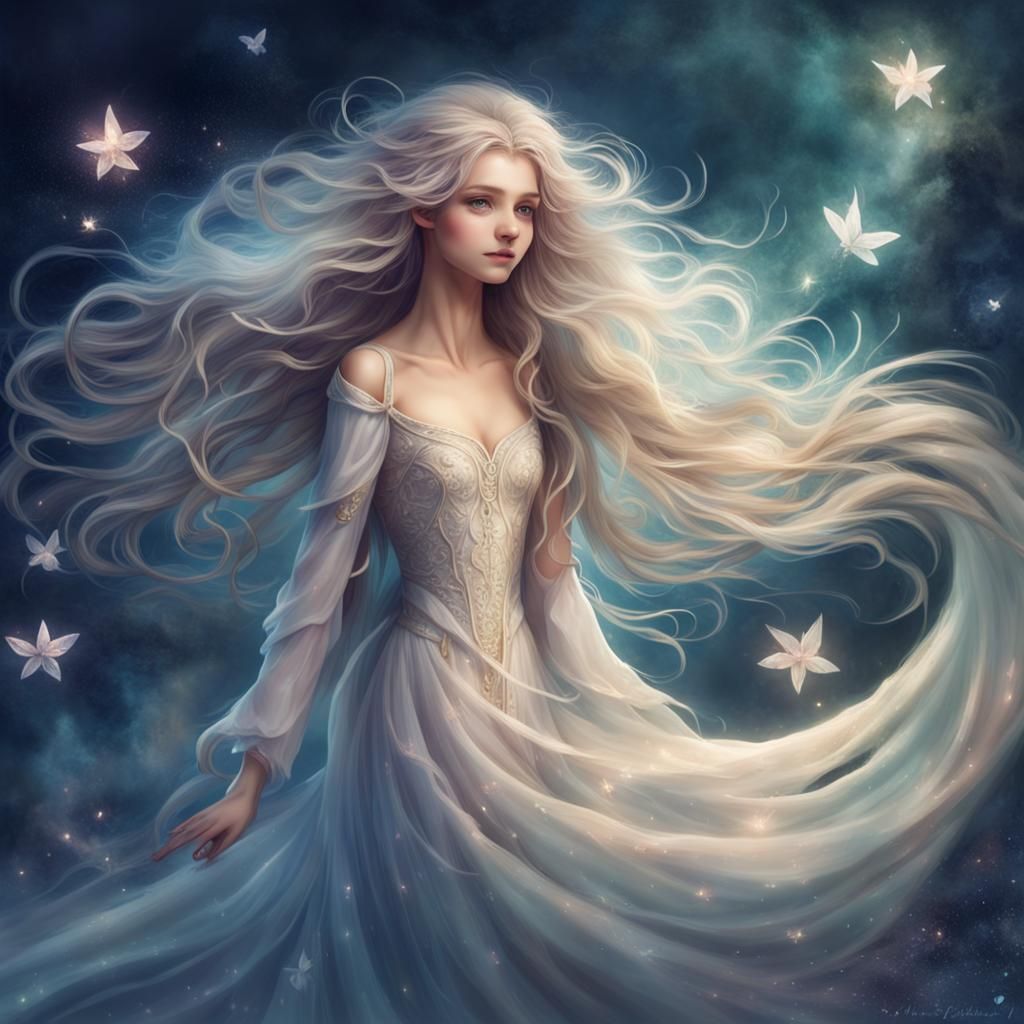 a whimsical and ethereal character who personifies the essen...