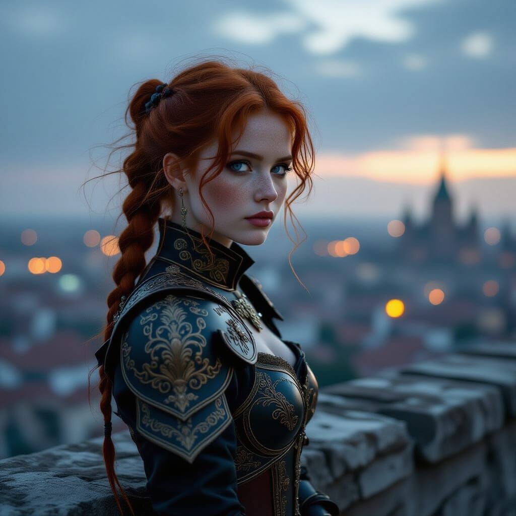 Ornate Gothic Armor on Parapet Overlooking Cityscape