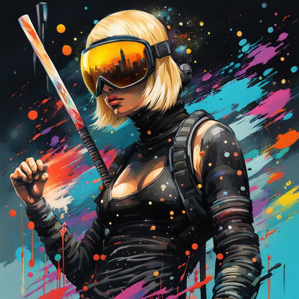 Woman in Space with Katana: Graffiti Art