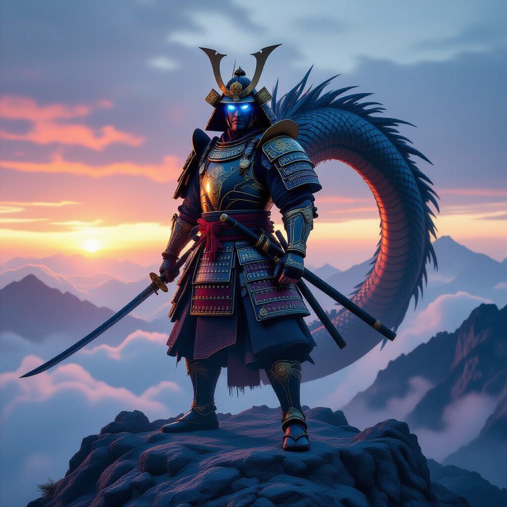 Colossal Shogun Warrior Fused With Dragon on Mountain Peak