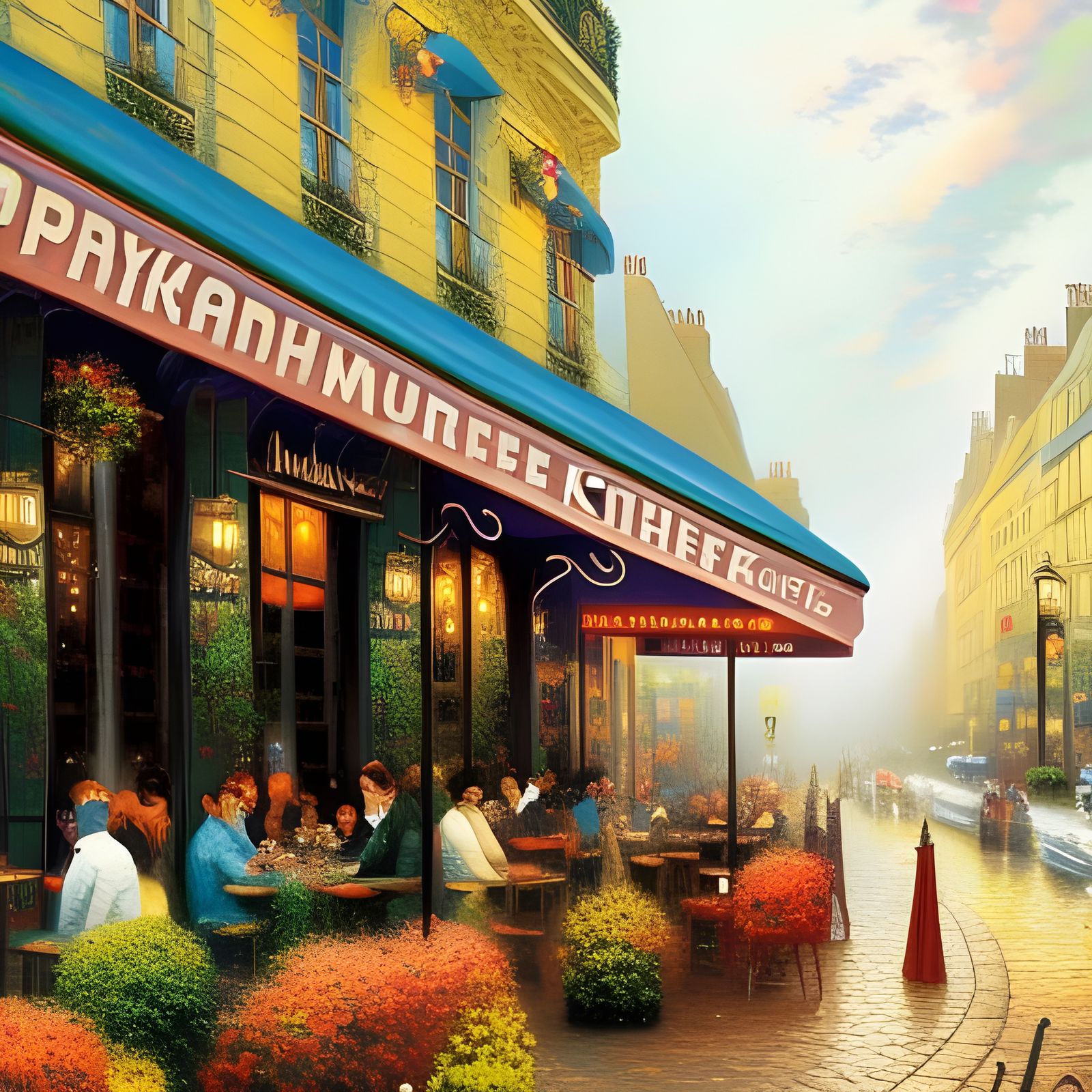 Paris Cafe Illustration in Art Nouveau Style