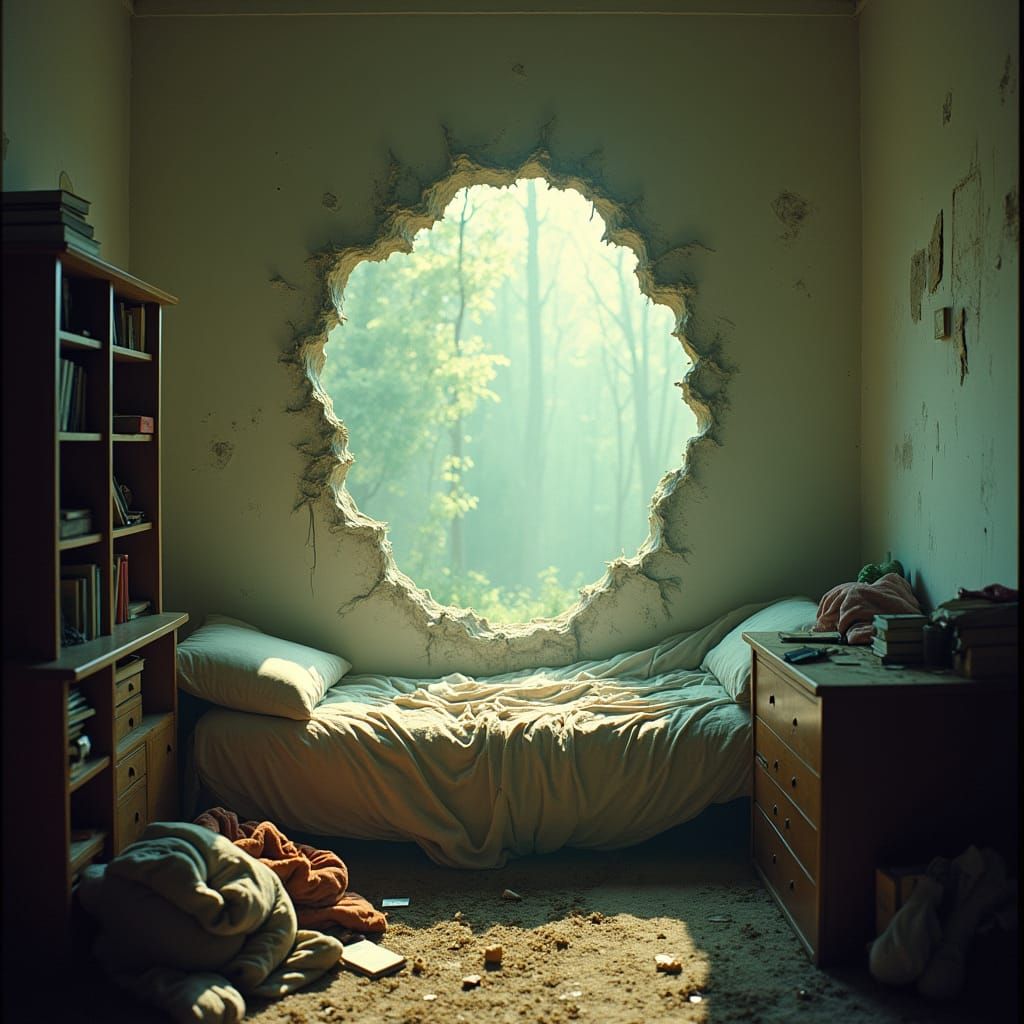 Mystical Forest Portal in Bedroom Wall: Cinematic Still