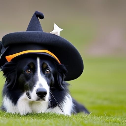 Sad Border Collie in Witch Hat
