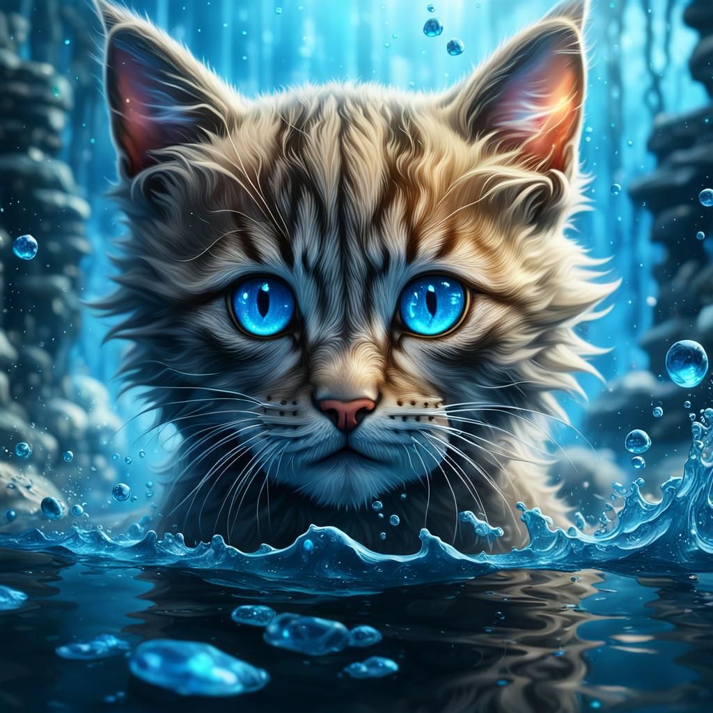 Cute Kitten with Blue Eyes in Water