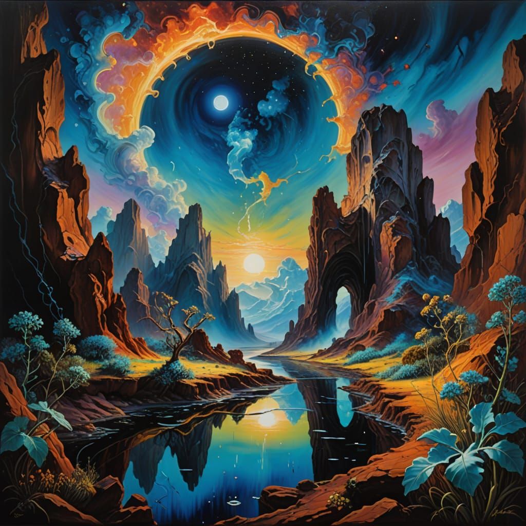 Ancient Gateway in Nebula, Ethereal Figure Gazing