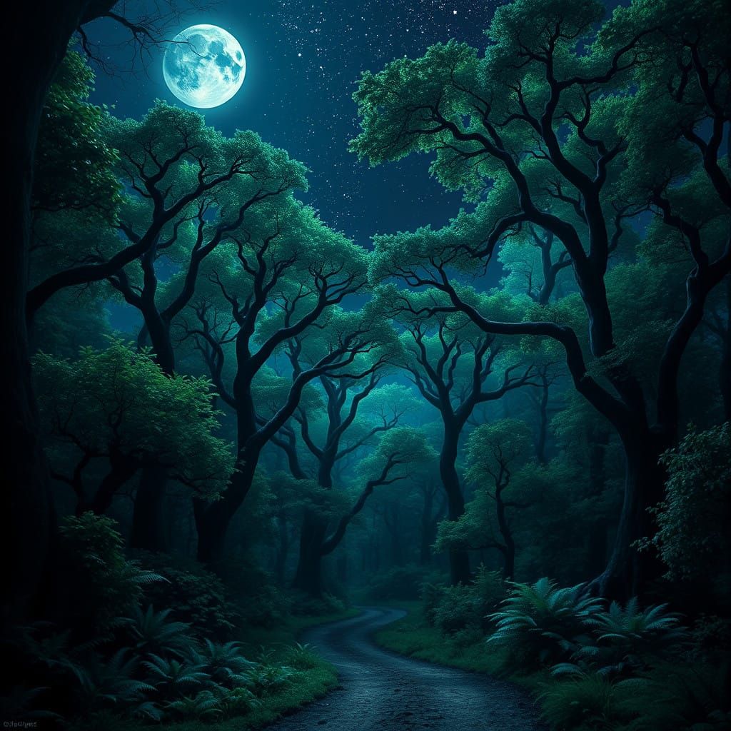 Moonlit Enchanted Forest in Mysterious, Atmospheric Style