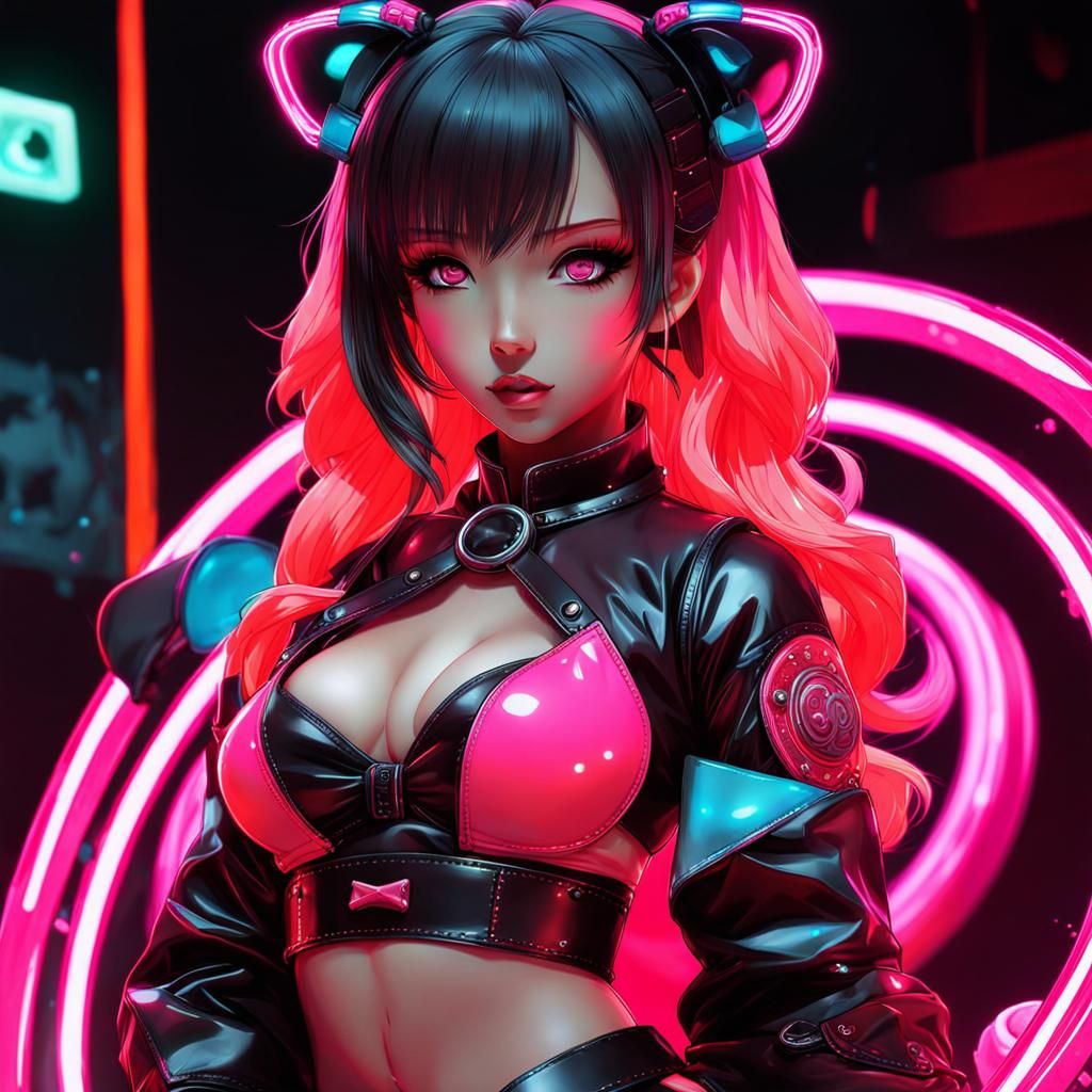 Neon Kawaii Doll in Boxing Ring, Studio Photo