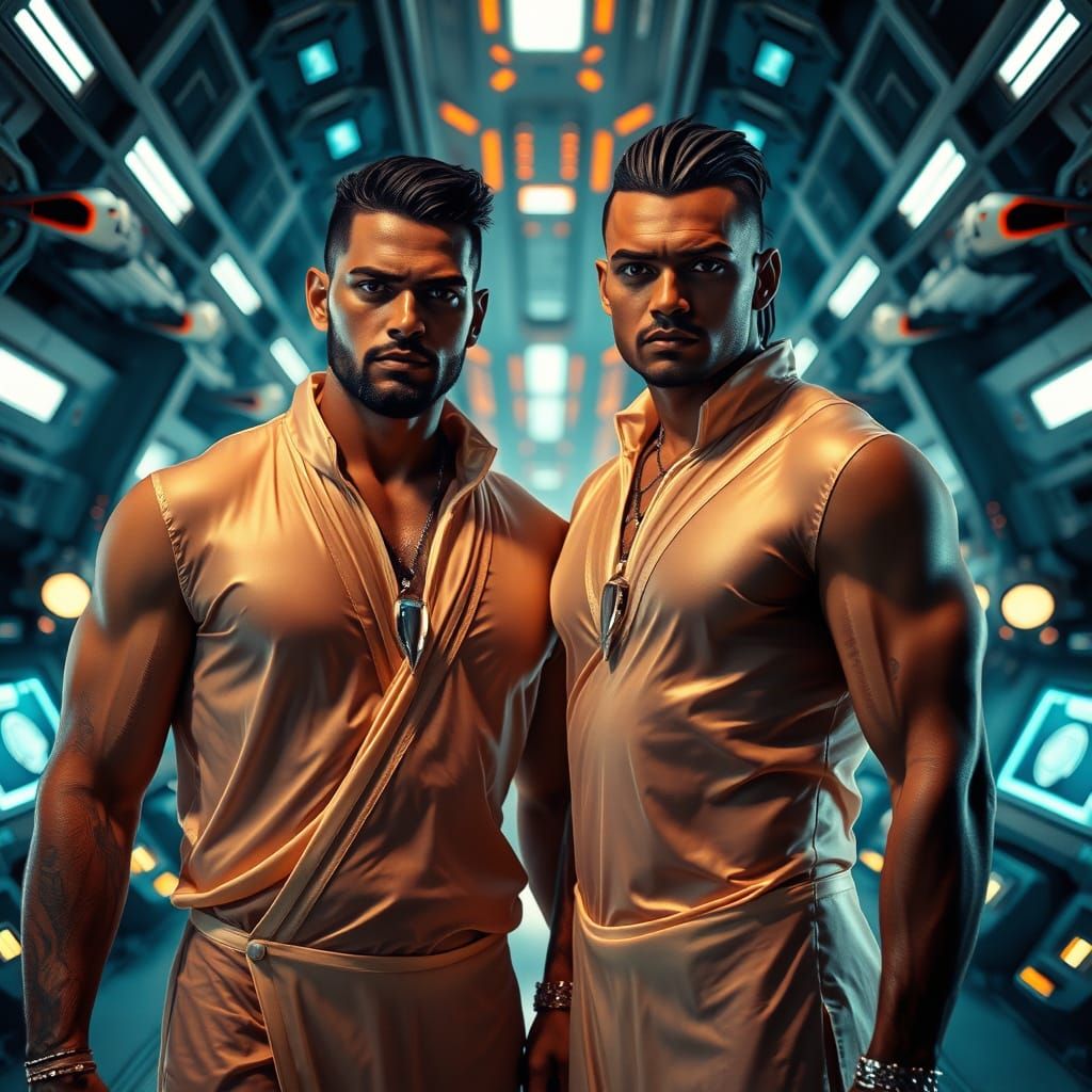 Futuristic Hangar Scene with Sculpted Indian Men