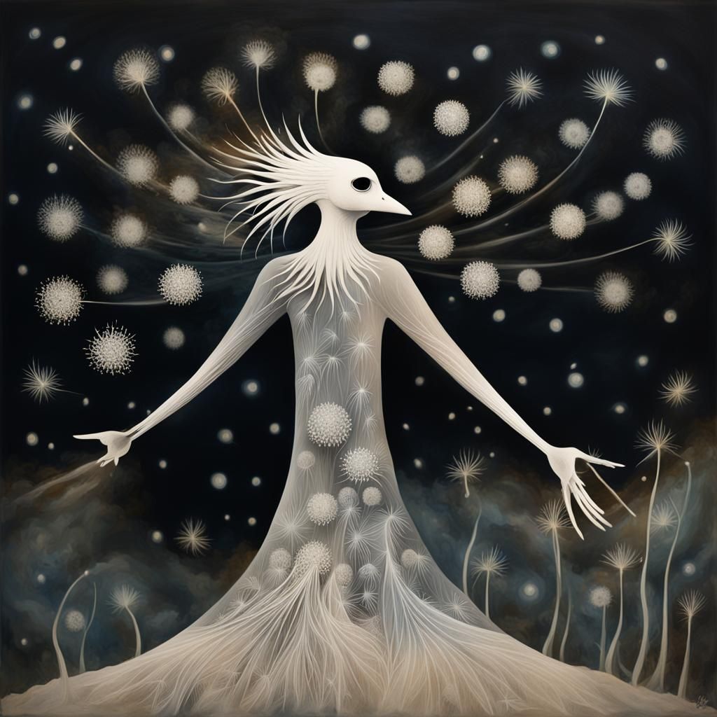 Native American Thunderbird  shaman,  sun,   Azteca, sugar skulls ,  Calavera  in a Million Dandelion dreamscape, Salvad...