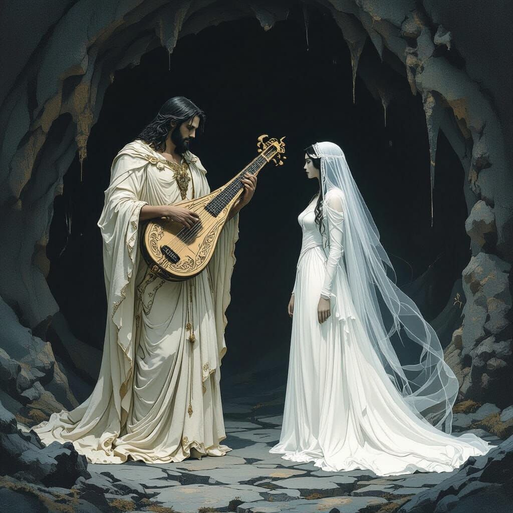Orpheus with Lyre, Eurydice Fading into Underworld Shadows