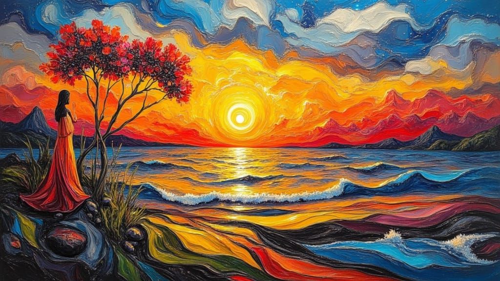 Lake Varese Sunset in Surreal Cubist Style