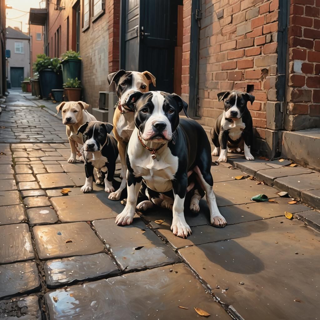 Pit Bull and Puppies: Hyperrealistic Alleyway Oil Painting