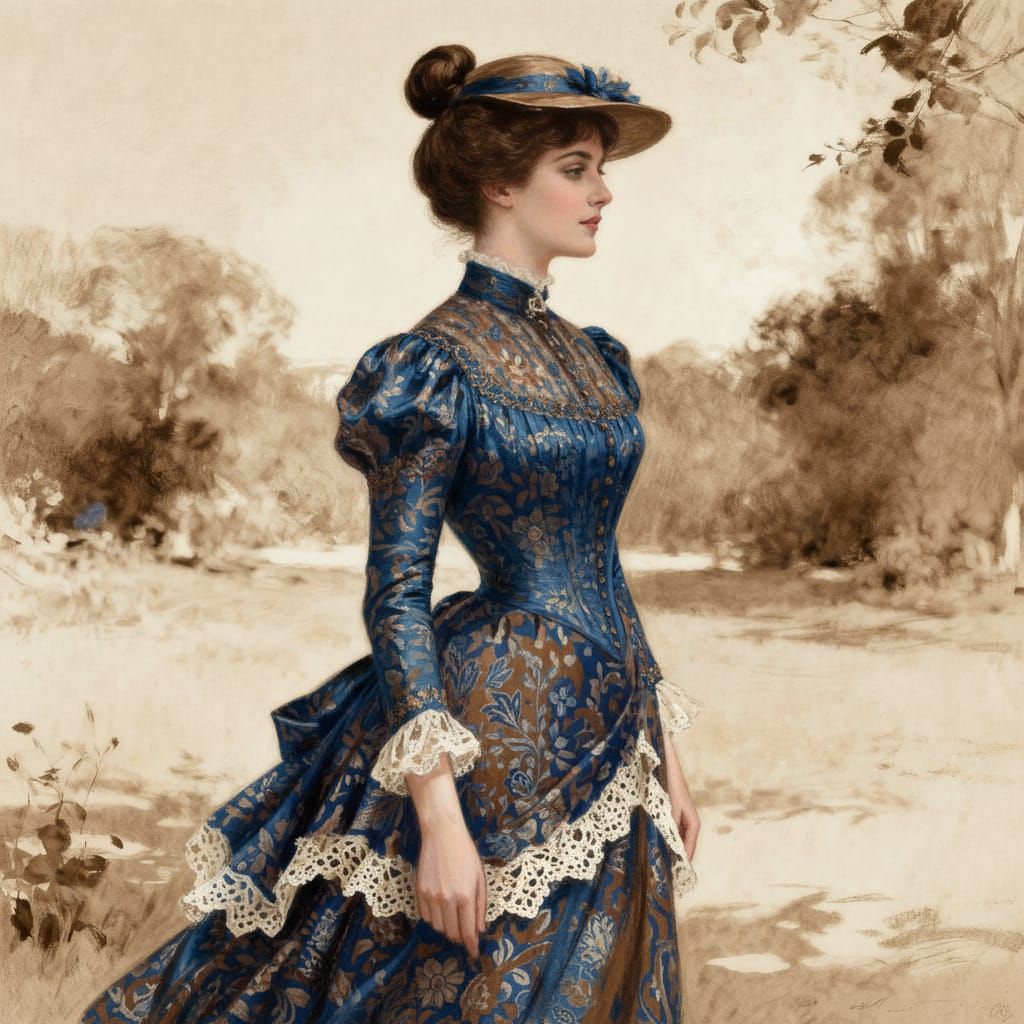 Victorian Woman in Elegant Blue and Brown Dress