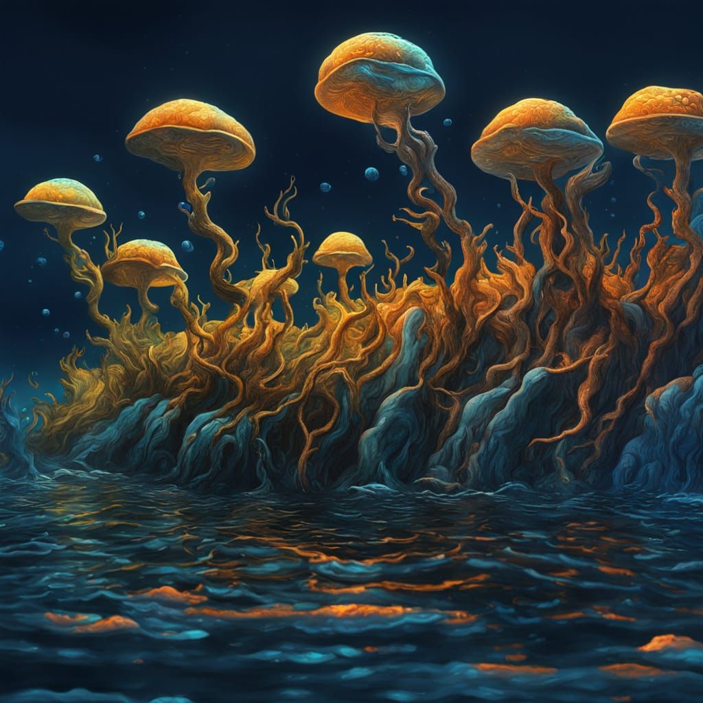 Surreal Shark with Bioluminescent Scars as Oil Painting