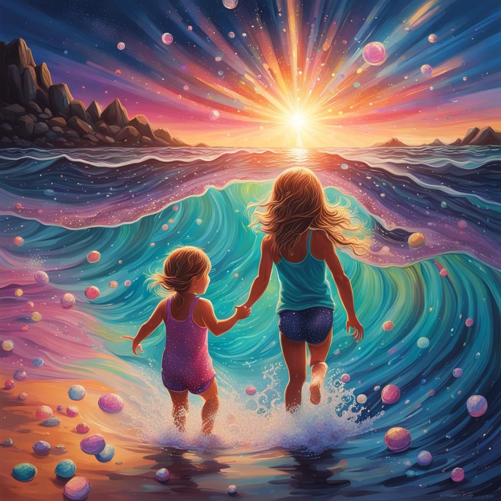 Mother and Daughter Swim in Crystal Beach