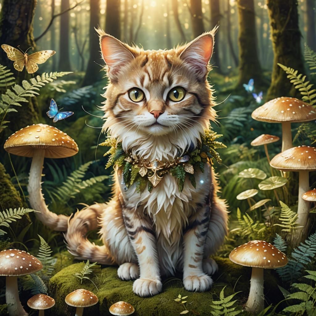 Enchanted Fairy Cat in Forest Fantasy Illustration