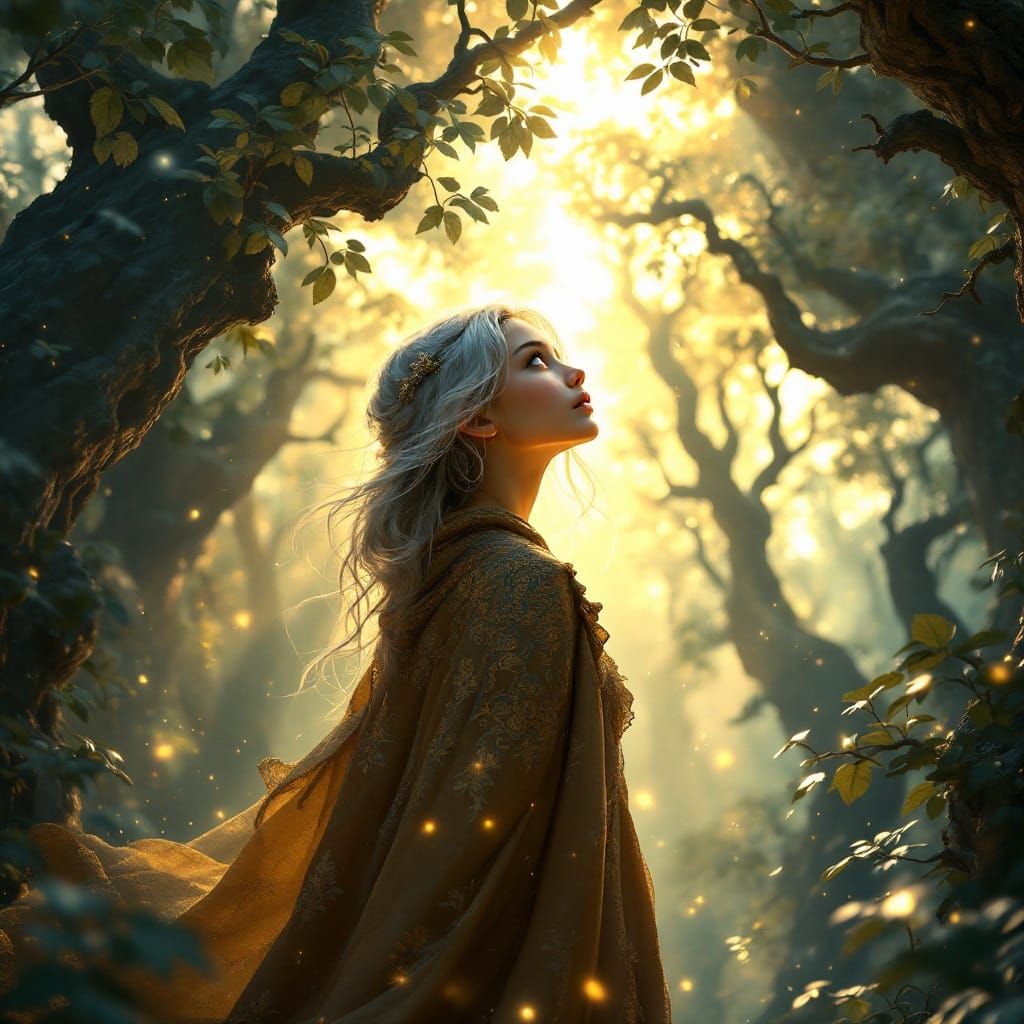 Girl Standing at the Edge of an Enchanted Forest in a Radian...