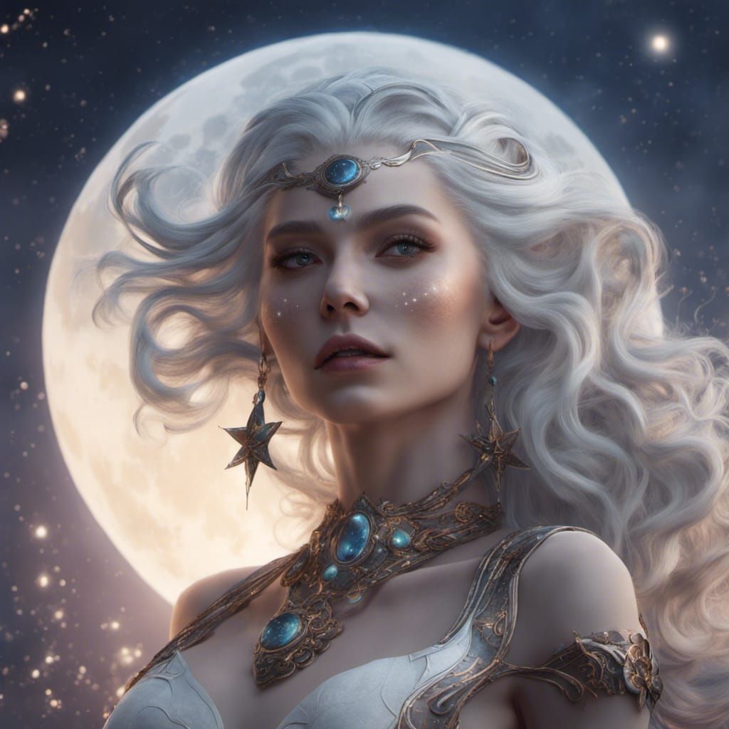 Moon Goddess with White Hair and Stars