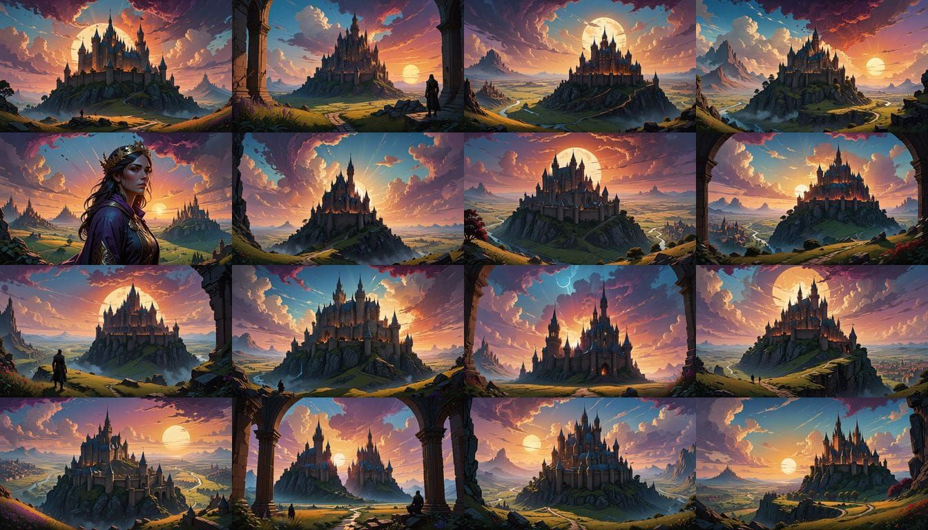 Ethereal Kingdom in Ruin: Dark Fantasy Split-Image Masterpie...