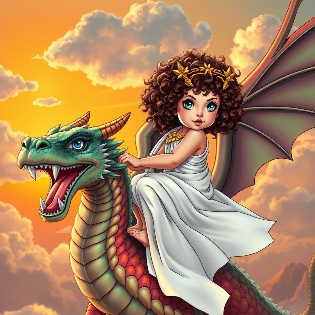 Girl Rides Dragon in Comic Book Style