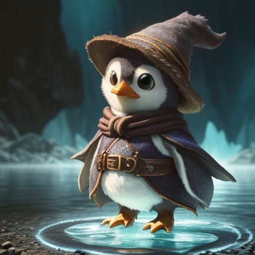 Adorable Penguin Wizard in Enchanted Caverns