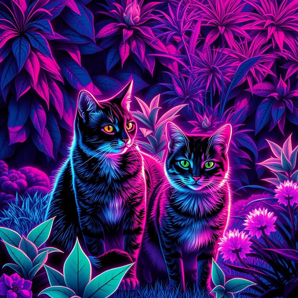 Cyberpunk Feline Duo in a Vibrant Garden